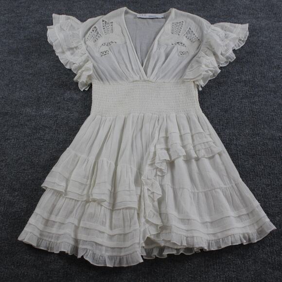 Iro Dress 6 Mapple Smocked Ruffle Mini Lace White Boho Chic Feminine Flowy - Picture 5 of 13
